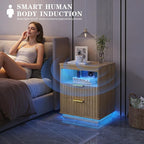 Nightstand with Charging Station, Farmhouse End Side Table with 2 Drawers and Open Storage, Smart Bedside Table with LED Light & Human Sensor for Bedroom, Wood