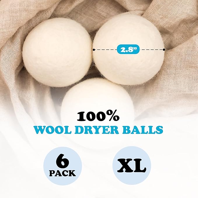 Smart Sheep Wool Dryer Balls - 6-Pack - XL Premium Natural Fabric Softener Award-Winning - Wool Balls Replaces Dryer Sheets - Wool Balls for Dryer - Laundry Balls for Dryer