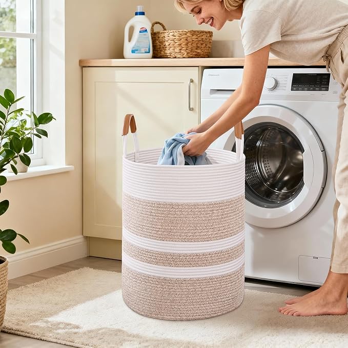 90L Striped Laundry Basket, Brown Laundry Hamper with Leather Handles, Woven Cotton Rope Storage Bin for Blankets, Nursery Hamper for Clothes, Toys In Bathroom, Livingroom, Bedroom