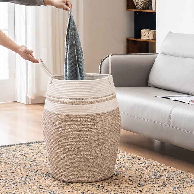 Cotton Rope Laundry Hamper by YOUDENOVA, 105L - Woven Collapsible Laundry Basket - Clothes Storage Basket for Blankets organizing, Bedroom Storage, Clothes Hamper – Brown