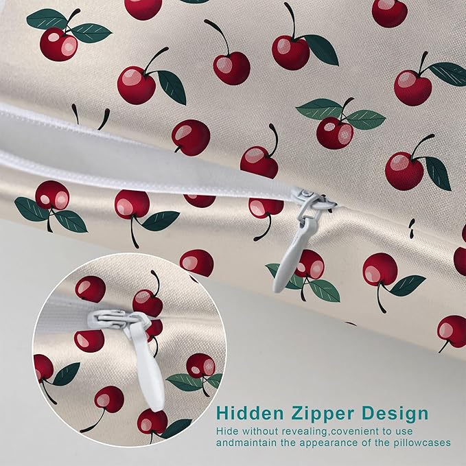 1 Pack Red Cherries Satin Pillowcase Similar to Silk Pillow Cases for Hair and Skin, Soft Smooth Breathable Cool Pillowcases, with Hidden Zipper Queen Size, Room Decor Essentials 20" x 30"