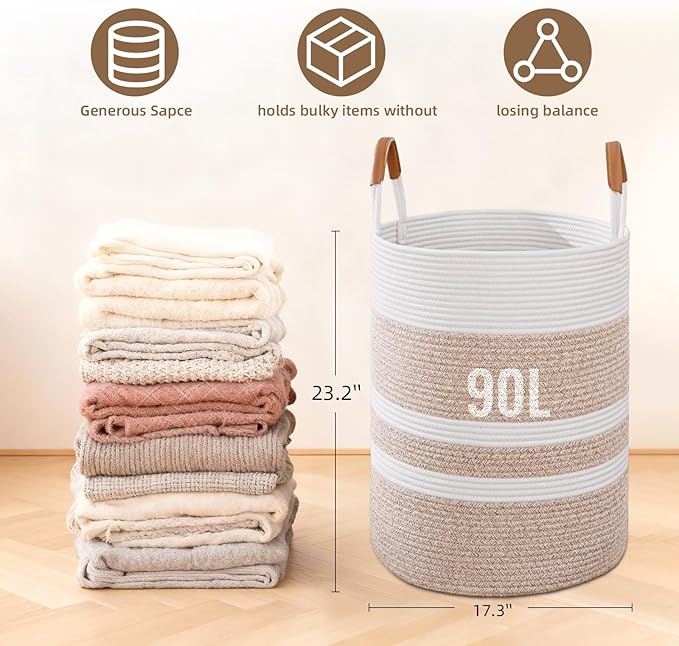 90L Striped Laundry Basket, Brown Laundry Hamper with Leather Handles, Woven Cotton Rope Storage Bin for Blankets, Nursery Hamper for Clothes, Toys In Bathroom, Livingroom, Bedroom