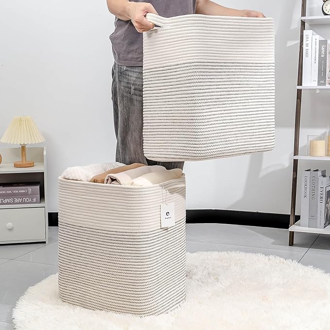 Storage Baskets for Clothes Fabric Cotton Rope Storage Basket with Handles, Decorative Woven Basket for Living Room,Closet Organizer Blankets, and 2bags (White/Black Line, L17.8×W12.5×H17.9)
