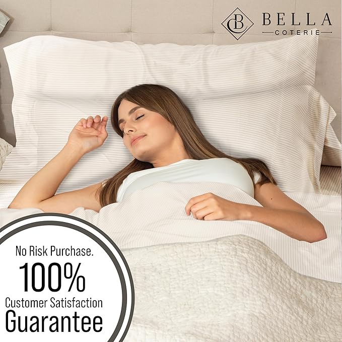Bella Coterie Luxury Bamboo Viscose Queen Size Sheet Set | 100% Organically Grown | Ultra Soft | Cooling for Hot Sleepers | 18" Deep Pocket [Striped Dune]