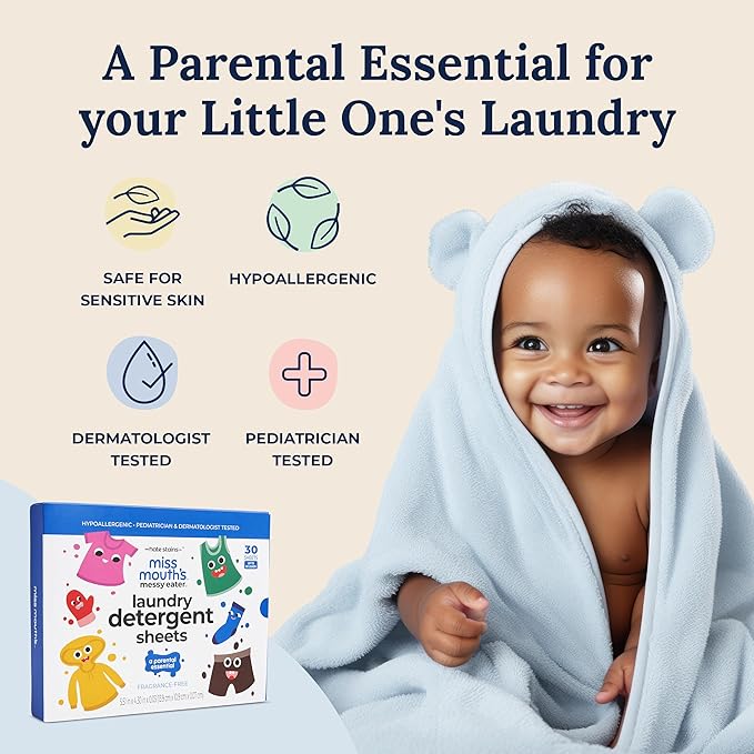 Miss Mouth's Messy Eater Laundry Detergent Sheets - 60 Loads Travel Friendly Detergent Sheets - Hypoallergenic, Sensitive Skin Safe, Pediatrician and Dermatologist Tested, Fragrance Free
