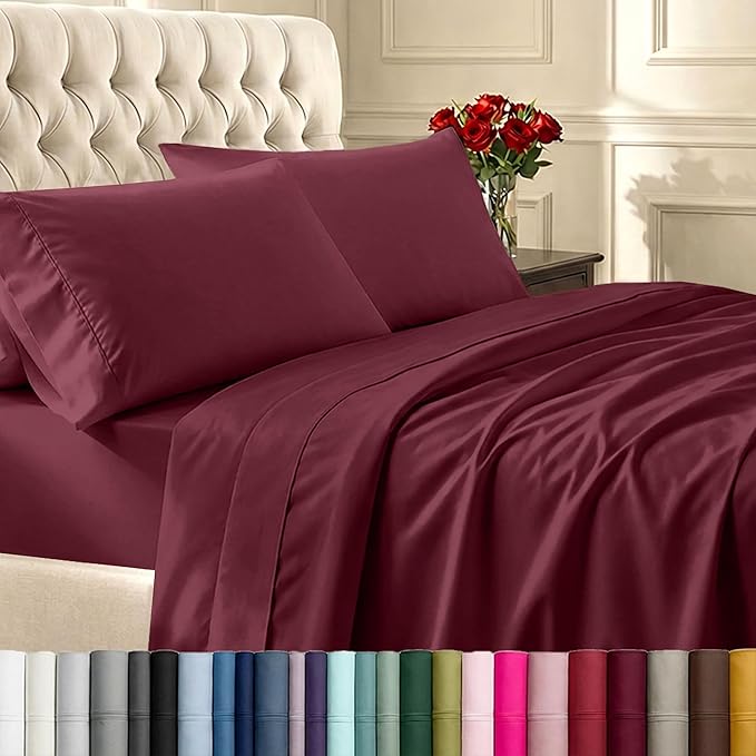 California Design Den King Size Sheets Set - Soft 400 Thread Count Sateen, Natural 100% Cotton Sheets with Deep Pockets, Breathable, and Durable Bedding Set - Burgundy Red