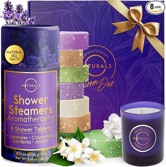 Shower Steamers Aromatherapy - Birthday Gifts for Women - Shower Bombs Aromatherapy, Spa Day Essentials, Relaxation Spa Gifts - Self Care Unique Gifts for Women and Men (Gift Set w/Scented Candle)
