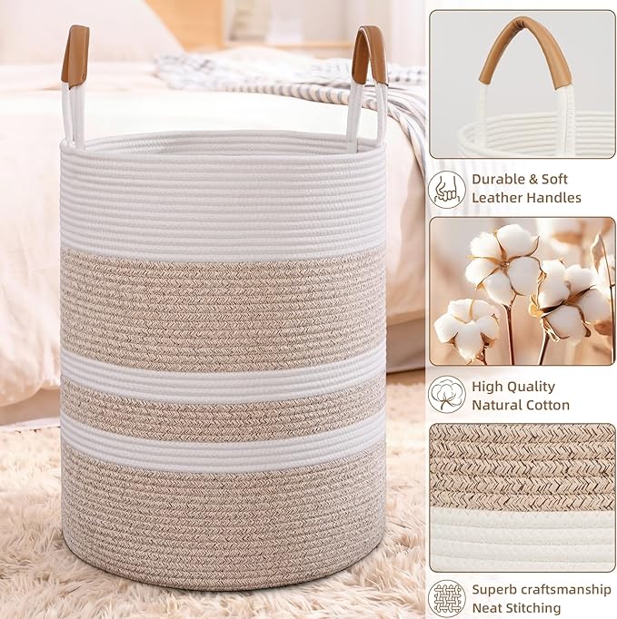 60L Striped Laundry Basket, Brown Laundry Hamper with Leather Handles, Woven Cotton Rope Storage Bin for Blankets, Nursery Hamper for Clothes, Toys In Bathroom, Livingroom, Bedroom