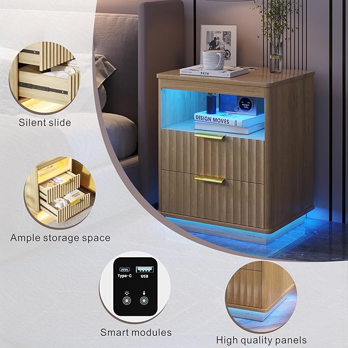 Nightstand with Charging Station, Farmhouse End Side Table with 2 Drawers and Open Storage, Smart Bedside Table with LED Light & Human Sensor for Bedroom, Wood