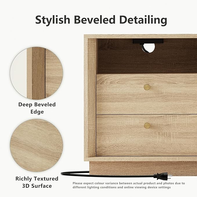 Nightstand Set of 2 with Charging Station, Mid Century Modern Nightstand with Wood Grain Texture, Boho End Table with Drawers Storage, Bedside Table for Bedroom Living Room, White Oak