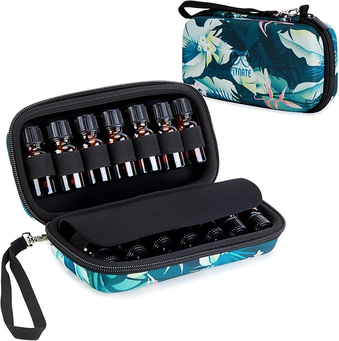 FITNATE Essential Oil Case,14 Slots Essential Oil Storage, EVA Hard Shell Travel Organizer for 5ml 10ml Bottles, Waterproof Aromatherapy with Detachable Strap