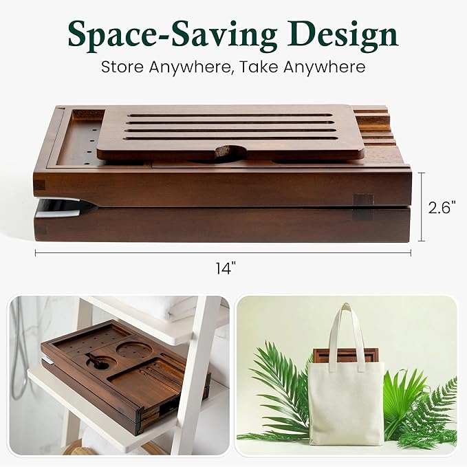 Teak Bathtub Tray, Bath Caddy with Wine Glass Holder, Phone Dock & Book Stand | Hands-Free Reading & Ultimate Spa Relaxation Experience-Brown