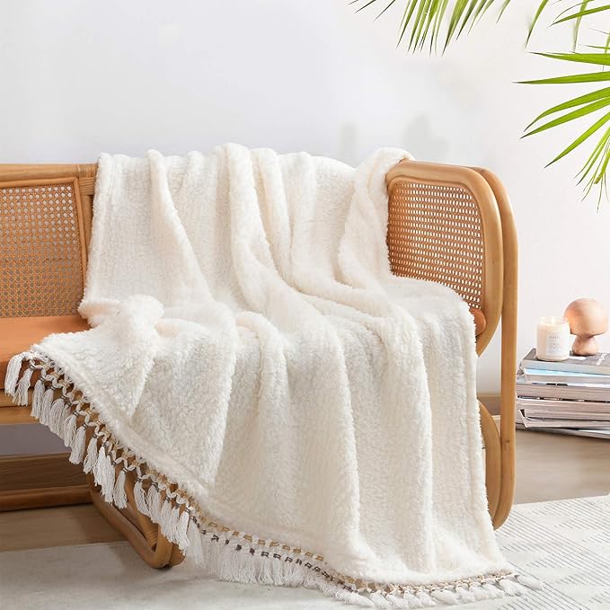 Ultra Soft Cozy Sherpa Throw Blanket, Light Weight Warm Decorative Throw Blanket with Tassel, Solid Antique White Pattern Reversible Boho Style Blanket for Sofa, Couch, Bedroom,Travel, 60”x80”