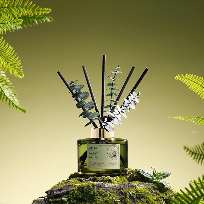 Airkeep Reed Diffuser Set with 6.76 fl oz Clean Linen Scent Essential Oils and 3 Leaves & 8 Diffuser Sticks,Bathroom Shelf Decor & Air Freshener, House Bedroom Office Decor & Gifts