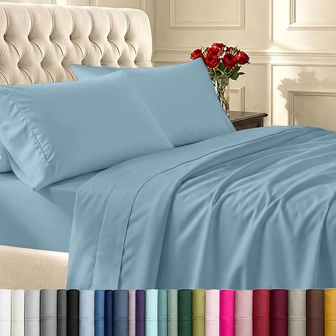 California Design Den Full Size Bed Sheets Set - Soft 400 Thread Count Sateen, Natural 100% Cotton Sheets with Deep Pockets, Breathable, and Durable Bedding Set - Sky Blue