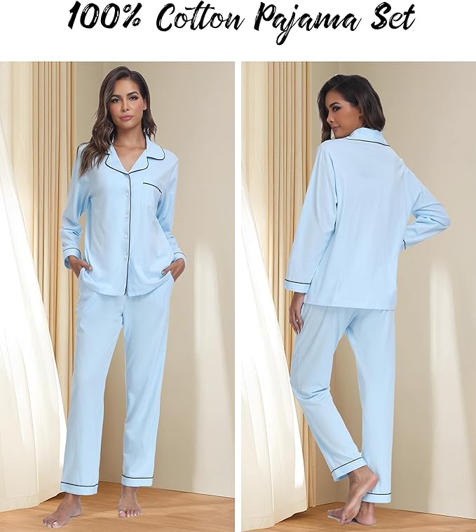 ANLIQI 100% Cotton Pajamas for Women Button Down Pajamas Long Sleeve Top & Pant Sleepwear Loungewear Pj Set with Pocket