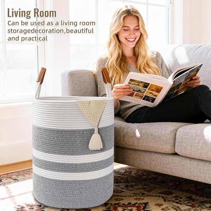 60L Striped Laundry Basket, Grey Laundry Hamper with Leather Handles, Woven Cotton Rope Storage Bin for Blankets, Nursery Hamper for Clothes, Toys In Bathroom, Livingroom, Bedroom