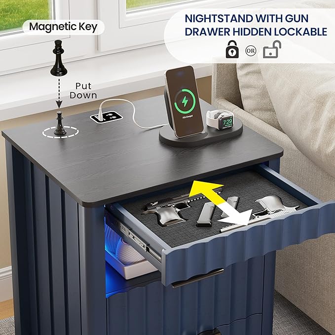 Fluted Night Stand Set 2 with Gun Drawer, Natural Grain Nightstands with Charging Station and Human Sensor, Modern Bedside Table with LED Light and Storage Shelf for Bedroom/Living Room, Blue
