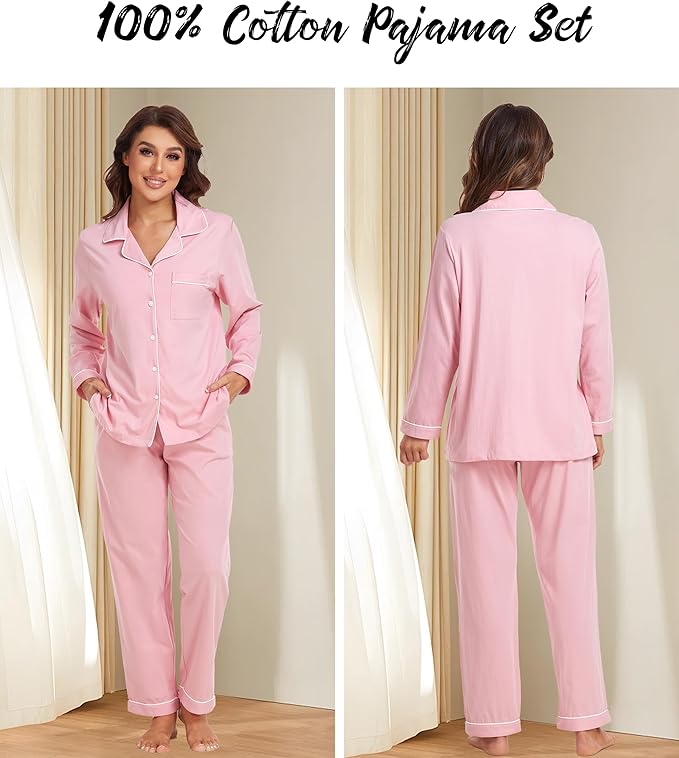 ANLIQI 100% Cotton Pajamas for Women Button Down Pajamas Long Sleeve Top & Pant Sleepwear Loungewear Pj Set with Pocket