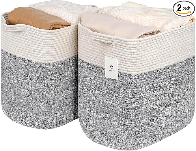 Storage Baskets for Clothes Fabric Cotton Rope Storage Basket with Handles, Decorative Woven Basket for Living Room,Closet Organizer Blankets, and 2bags (Silver Gray, L17.8×W12.5×H17.9)