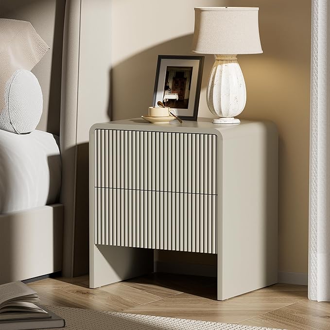 Set of 2 Modern Curved Nightstand with 2 Drawers, Push-to-Open Wooden Bedside Table, Minimalist End Table for Bedroom, Beige