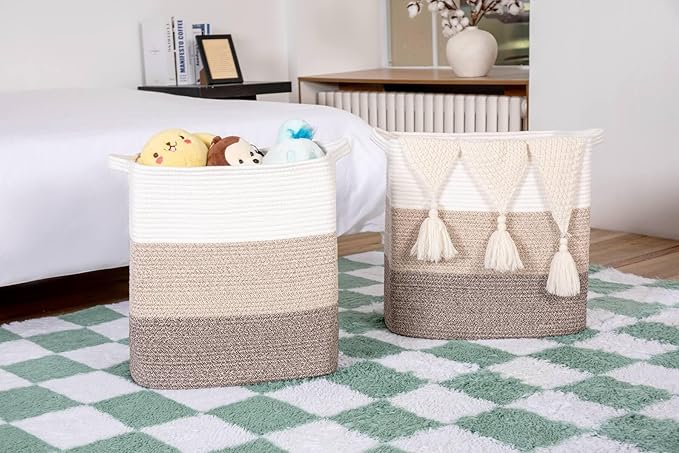 Storage Baskets for Clothes Fabric Cotton Rope Storage Basket with Handles, Decorative Woven Basket for Living Room,Closet Organizer Blankets, and 2bags (Gradient Brown, L17.8×W12.5×H17.9)
