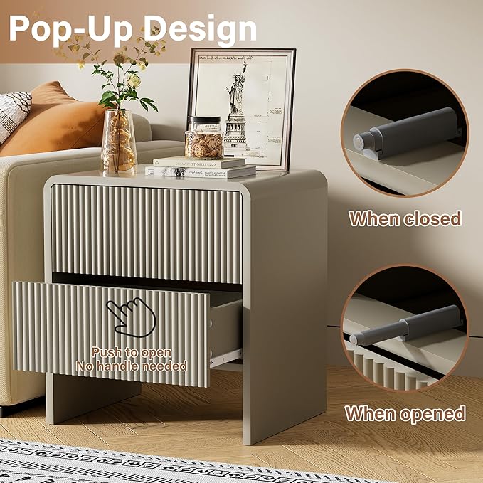 Set of 2 Modern Curved Nightstand with 2 Drawers, Push-to-Open Wooden Bedside Table, Minimalist End Table for Bedroom, Beige