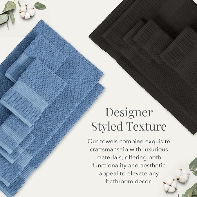 NY Loft 100% Cotton Towel Set 6 Piece | Super Soft & Absorbent Quick-Dry 2 Bath Towels 2 Hand Towels and 2 Washcloths |Textured and Durable Cotton | Trinity Collection (6 Piece Set, Blue Shadow)