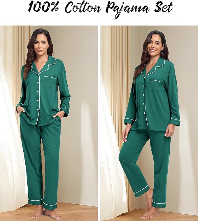 ANLIQI 100% Cotton Pajamas for Women Button Down Pajamas Long Sleeve Top & Pant Sleepwear Loungewear Pj Set with Pocket