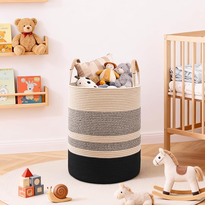60L Striped Laundry Basket, Brown & Black Laundry Hamper with Leather Handles, Woven Cotton Rope Storage Bin for Blankets, Nursery Hamper for Clothes, Toys In Bathroom, Livingroom, Bedroom