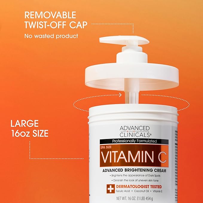 Advanced Clinicals Vitamin C Cream Visibly Brightening Body Lotion | Vitamin C Moisturizer Skin Care Body Cream For Women & Men Helps Visibly Improve Look Of Dark Spots & Uneven Skin Tone, 16 Ounce