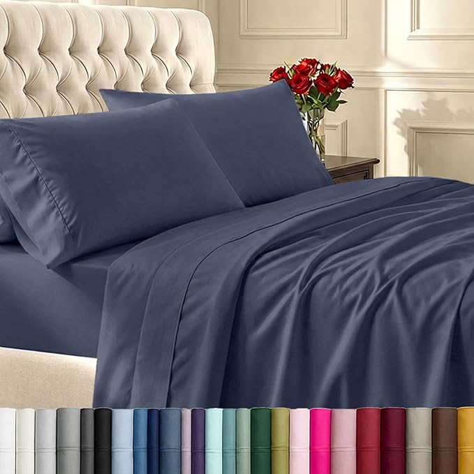 California Design Den 6-Pc Queen Size Sheet Set with 4 Pillowcases - 400 Thread Count 100% Cotton Sheets, Sateen Weave, Deep Pocket Bedsheets Set - Indigo Dusty Blue