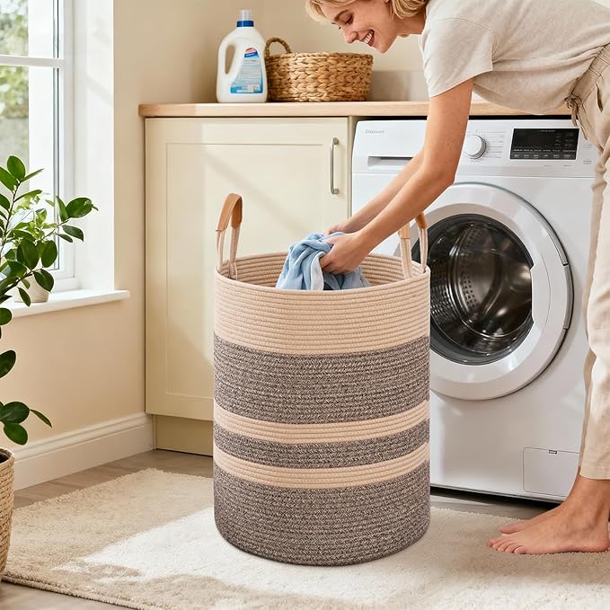 75L Striped Laundry Basket, Dark Brown Laundry Hamper with Leather Handles, Woven Cotton Rope Storage Bin for Blankets, Nursery Hamper for Clothes, Toys In Bathroom, Livingroom, Bedroom