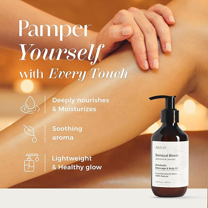 AiROM Jasmine & Lavender Massage Oil for Massage Therapy - Sensual Bloom - Scented Body Oil for Women – Hypoallergenic, Relaxing Aromatherapy, Non-Greasy, Spa Quality - Gift for Her - 6.4 fl oz