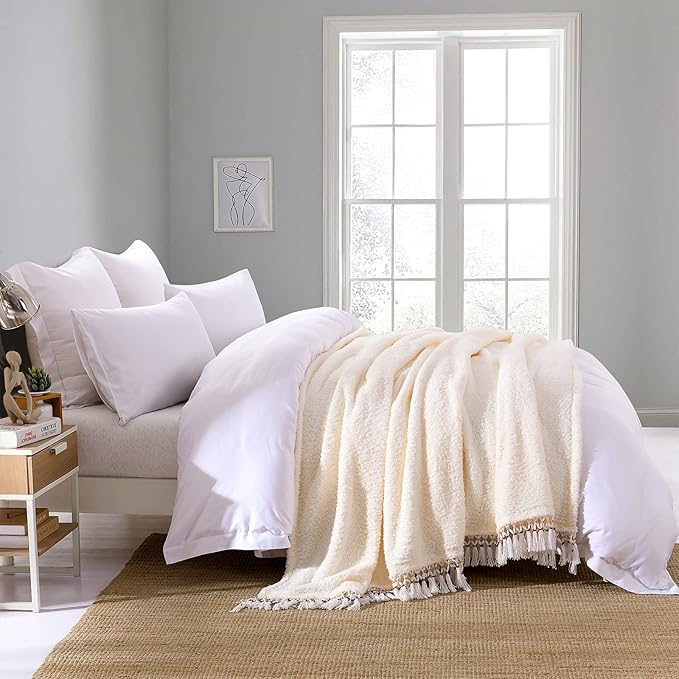 Ultra Soft Fleece Sherpa Blanket King Size,Lightweight Cozy Boho Bed Blanket with Decorative Tassel, Pattern Reversible, Antique White,104”x90”