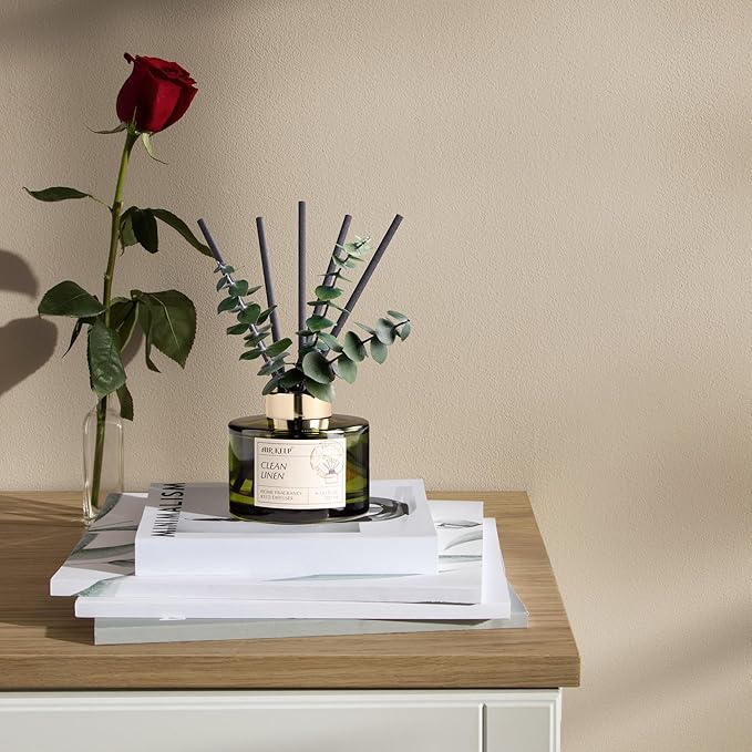 Airkeep Reed Diffuser Set with 6.76 fl oz Clean Linen Scent Essential Oils and 3 Leaves & 8 Diffuser Sticks,Bathroom Shelf Decor & Air Freshener, House Bedroom Office Decor & Gifts