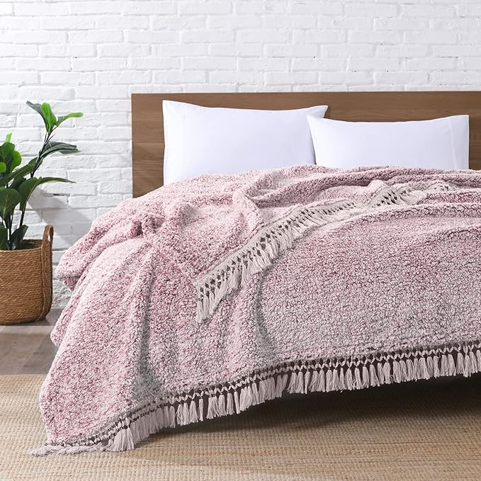 Ultra Soft Fleece Sherpa Blanket Queen Size,Lightweight Cozy Boho Bed Blanket with Decorative Tassel, Pattern Reversible, 2 Tones Ombre Dusty Pink, 90”x90”