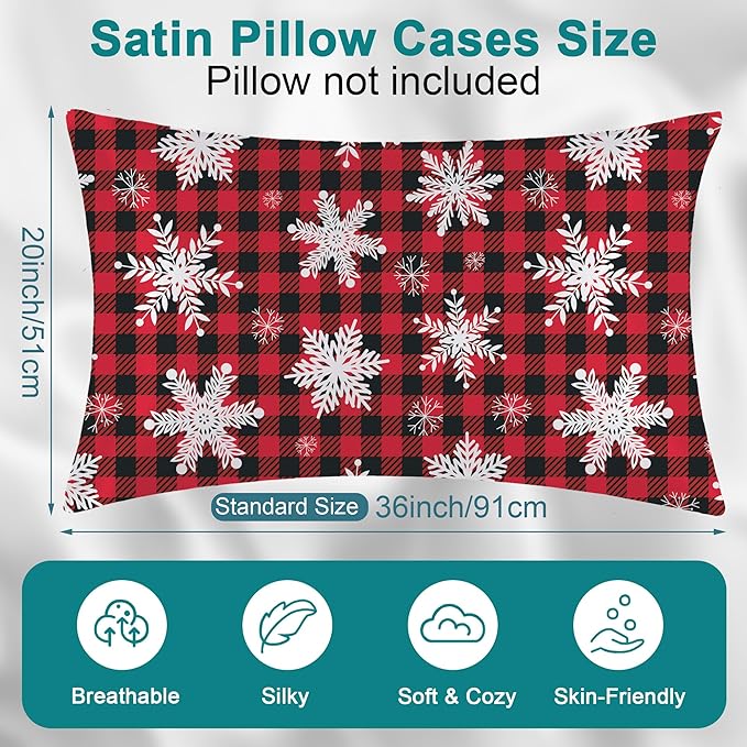 1 Pack Christmas Snowflakes Satin Pillowcase Red Christmas Plaid Similar to Silk Pillow Cases for Hair and Skin, Soft Smooth Breathable Cool Pillow Cases, with Hidden Zipper King Size 20" x 36"
