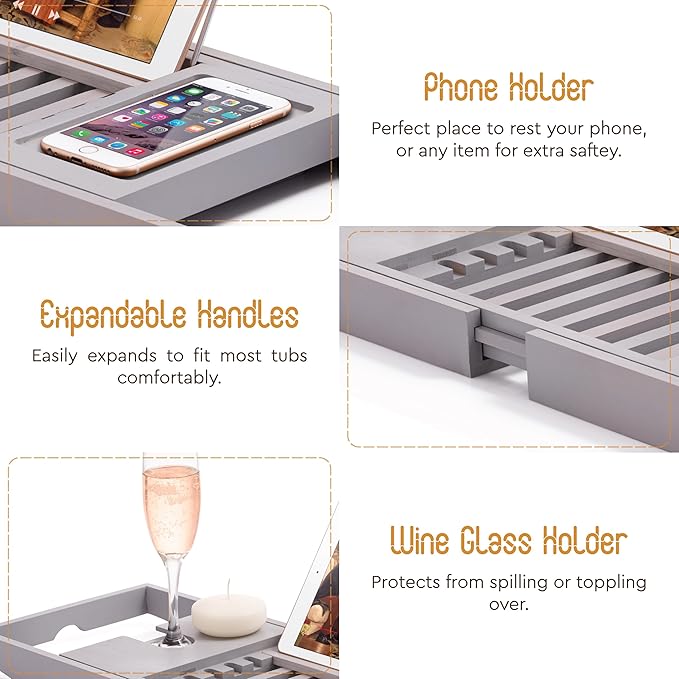 Bamboo Bathtub Caddy - Expandable Wood Tub Tray with Wine Holder, Book & Tablet Stand - Spa Accessories for Relaxation, Tub Shelf Table, Gift Idea for Her & Him (Gray)