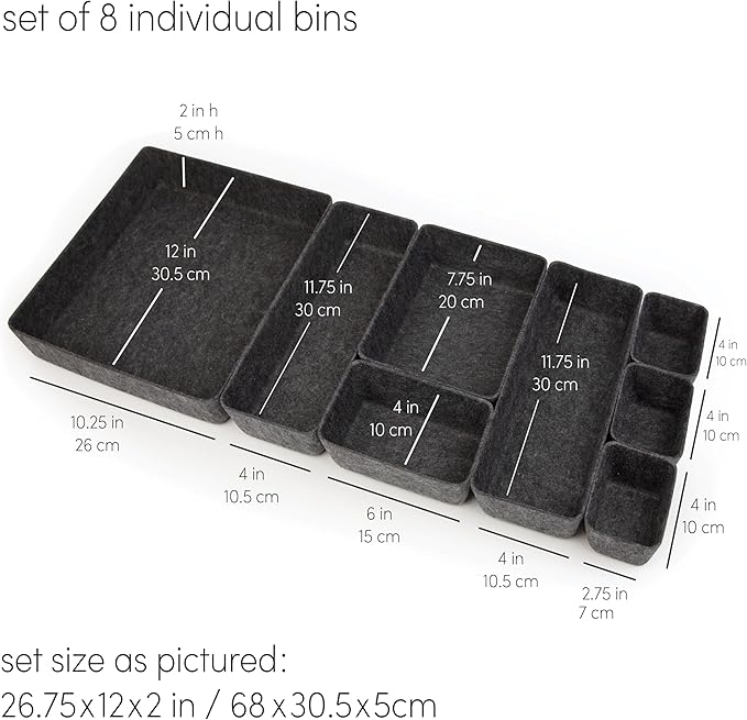 Three by Three Seattle Felt·Like·It! Felt Bins for Office, Crafts, Classroom, Living Room, Bedroom: Charcoal, Set of 8