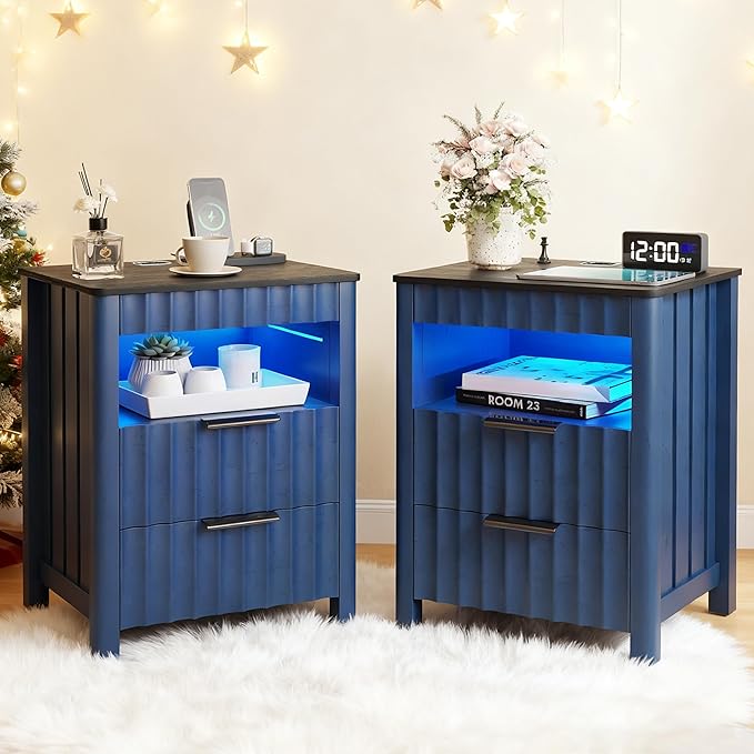 Fluted Night Stand Set 2 with Gun Drawer, Natural Grain Nightstands with Charging Station and Human Sensor, Modern Bedside Table with LED Light and Storage Shelf for Bedroom/Living Room, Blue