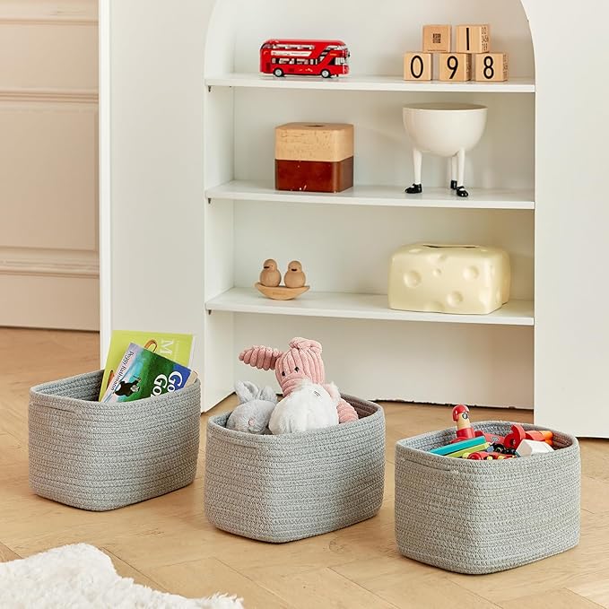Small Cotton Rope Basket – Storage Bin for Organizing (10.6" x 6.7" x 6.7"), Bathroom Storage Basket for Shelf, Counter & Closet（Grey）