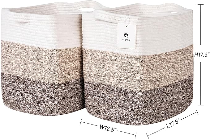 Storage Baskets for Clothes Fabric Cotton Rope Storage Basket with Handles, Decorative Woven Basket for Living Room,Closet Organizer Blankets, and 2bags (Gradient Brown, L17.8×W12.5×H17.9)