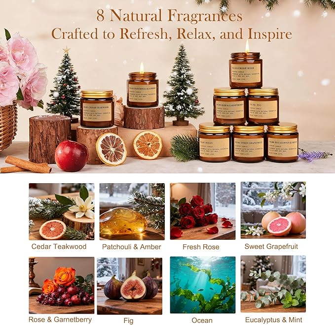 Candle Gift Set for Women – 8 Pack Scented Candles for Home,Long Lasting Soy Wax Amber Jar Candles, Aromatherapy Candle Set,Perfect Holiday & Christmas Gifts
