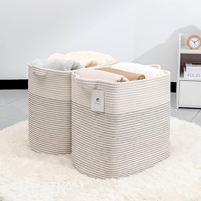 Storage Baskets for Clothes Fabric Cotton Rope Storage Basket with Handles, Decorative Woven Basket for Living Room,Closet Organizer Blankets, and 2bags (White/Black Line, L16×W11.4×H15.9)