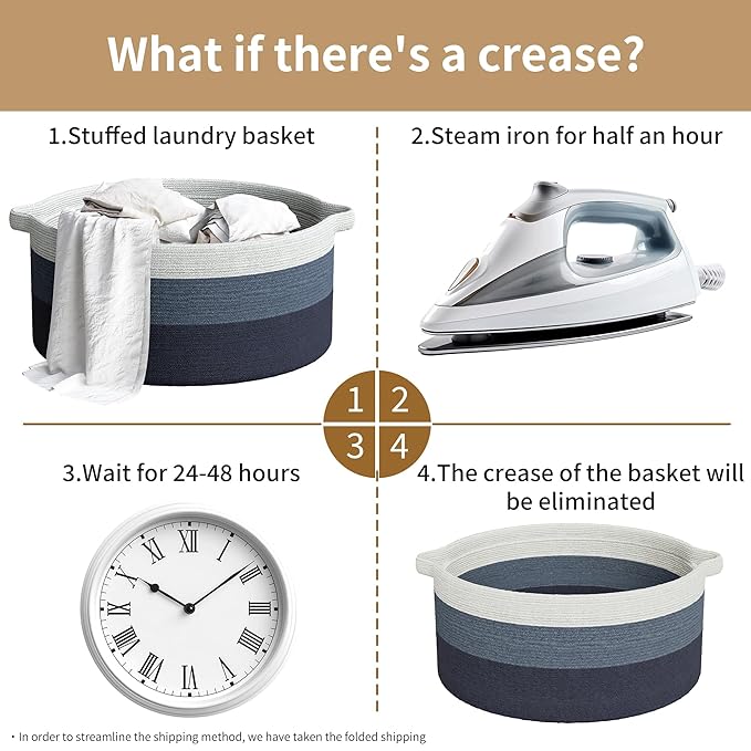 125L Extra Large Blanket Basket, 25" x 16", Jumbo Laundry Woven Baskets Decorative Home, Cotton Rope Basket with Handles, Baby Toy Baskets for Storage, Gradual Blue, 2PC