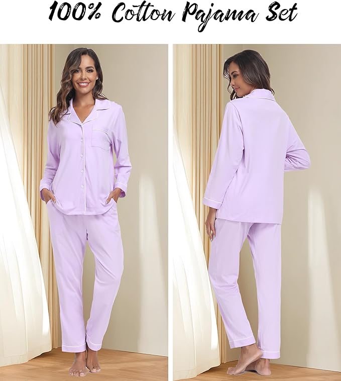 ANLIQI 100% Cotton Pajamas for Women Button Down Pajamas Long Sleeve Top & Pant Sleepwear Loungewear Pj Set with Pocket