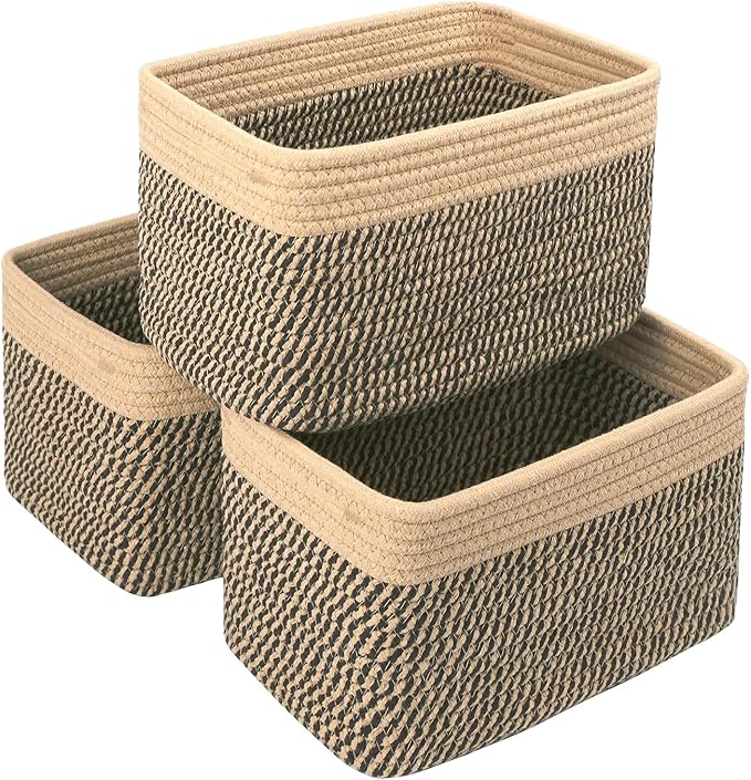 Small Cotton Rope Basket – Storage Bin for Organizing (10.6" x 6.7" x 6.7"), Bathroom Storage Basket for Shelf, Counter & Closet（Camel & Mixed Black）