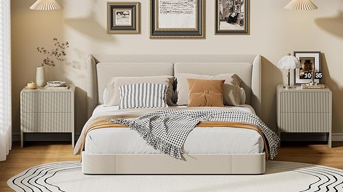 Set of 2 Modern Curved Nightstand with 2 Drawers, Push-to-Open Wooden Bedside Table, Minimalist End Table for Bedroom, Beige