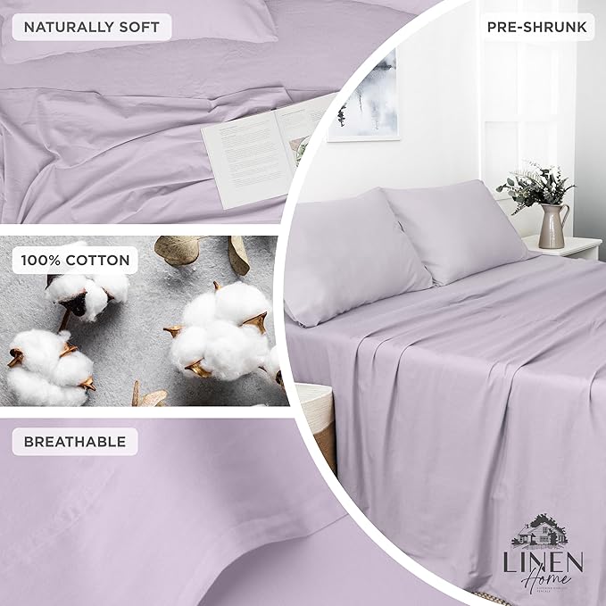 Linen Home Washed Cotton Percale Queen Sheet Set, Iris Lilac, Preshrunk, 4 Pieces Sets - 1 Flat, 1 Deep Pocket Fitted Sheet & 2 Envelope Closure Pillowcases, Soft, Cool and Comfortable Bed Linen